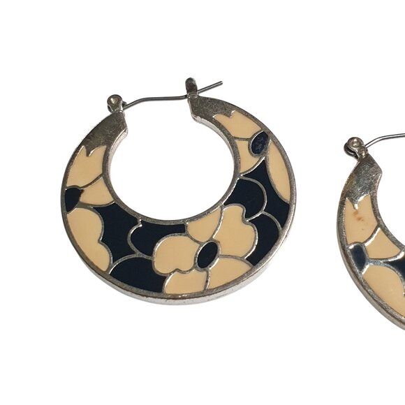 Floral Enamel Hoop Earrings Tan Black Silver Tone Vintage Retro Jewelry - Picture 4 of 5